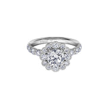 Crafted in 18KT white Certified Canadian Gold, this engagement ring features a diamond-set snowflake halo with a round brilliant-cut Canadian centre diamond on a diamond-set band.