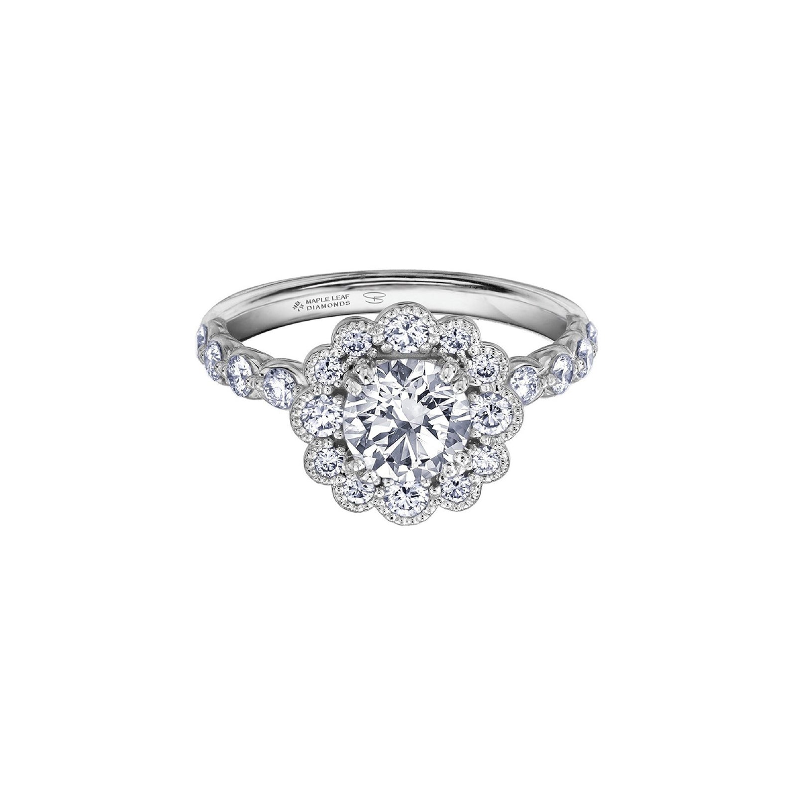 Crafted in 18KT white Certified Canadian Gold, this engagement ring features a diamond-set snowflake halo with a round brilliant-cut Canadian centre diamond on a diamond-set band.