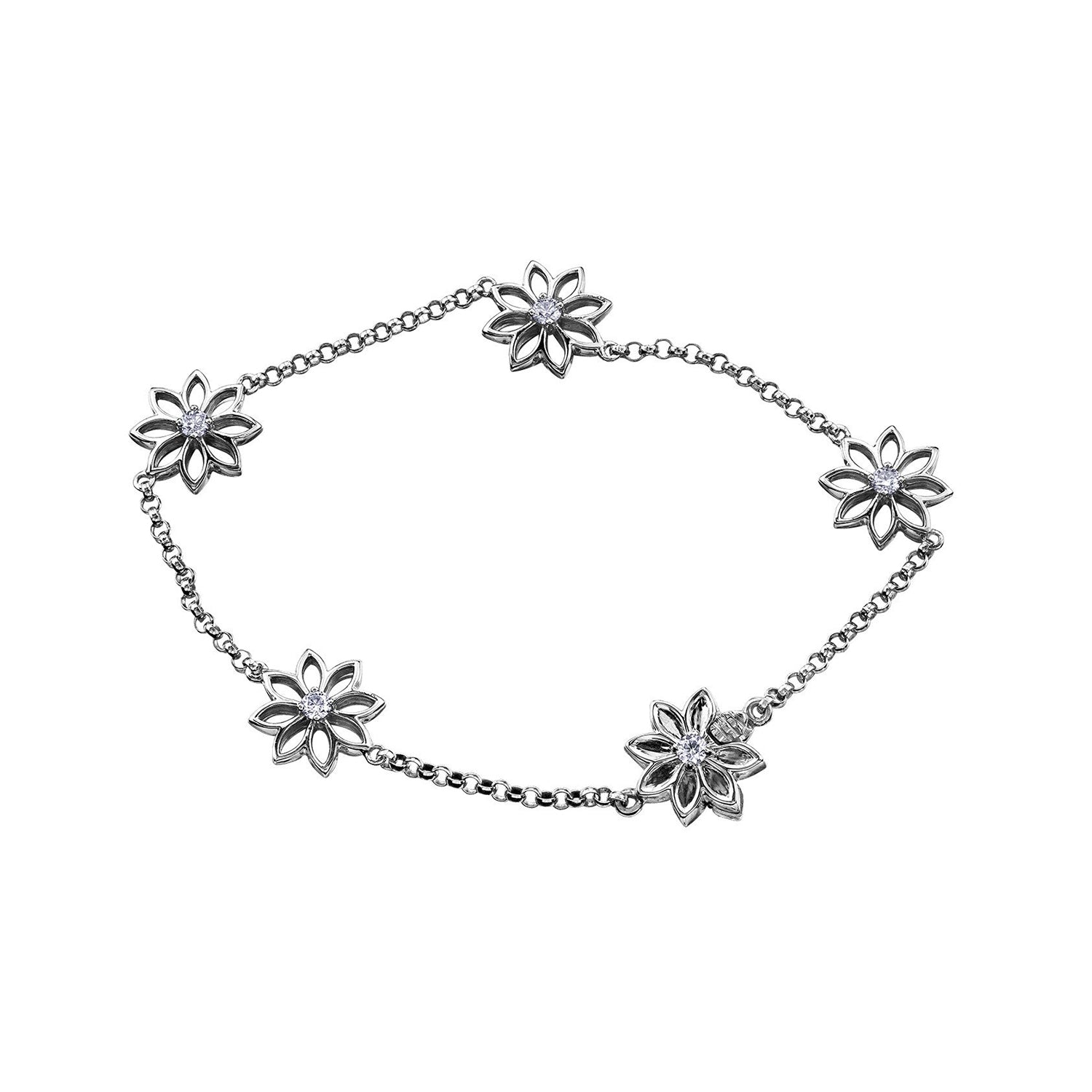 Crafted in 14KT Certified Canadian Gold, this bracelet features five water lily flowers set with round brilliant-cut centre diamonds.