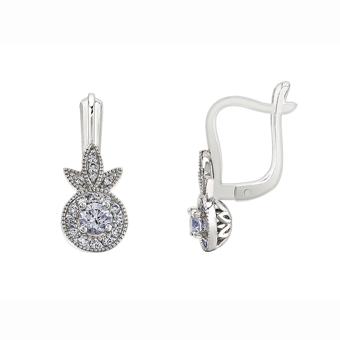 Crafted in 14KT Canadian Certified Gold, these drop earrings feature round brilliant-cut diamond centres with 3 diamond set petals above them.
