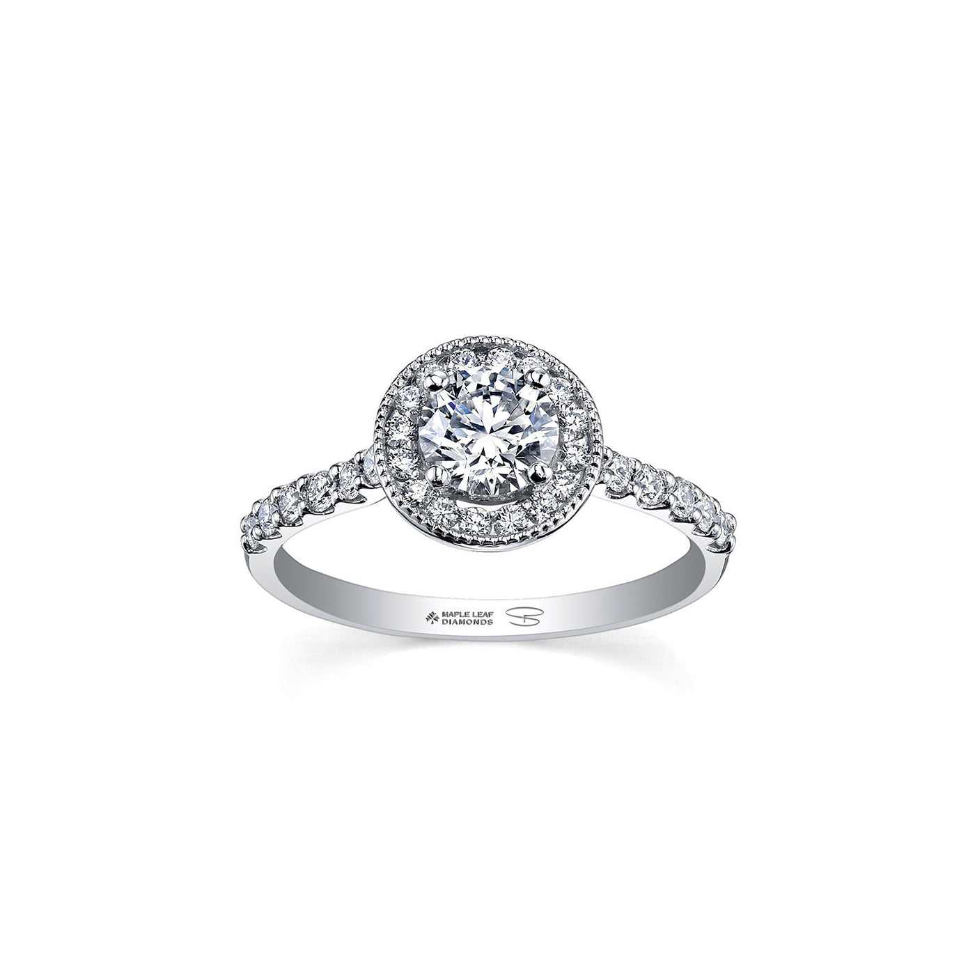 Crafted in 18KT Certified Canadian Gold, this ring features a diamond set halo with a round brilliant-cut Canadian centre  diamond on a diamond set band.