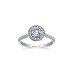 Crafted in 18KT Certified Canadian Gold, this ring features a diamond set halo with a round brilliant-cut Canadian centre  diamond on a diamond set band.