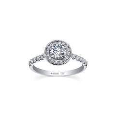 Crafted in 18KT Certified Canadian Gold, this ring features a diamond set halo with a round brilliant-cut Canadian centre  diamond on a diamond set band.