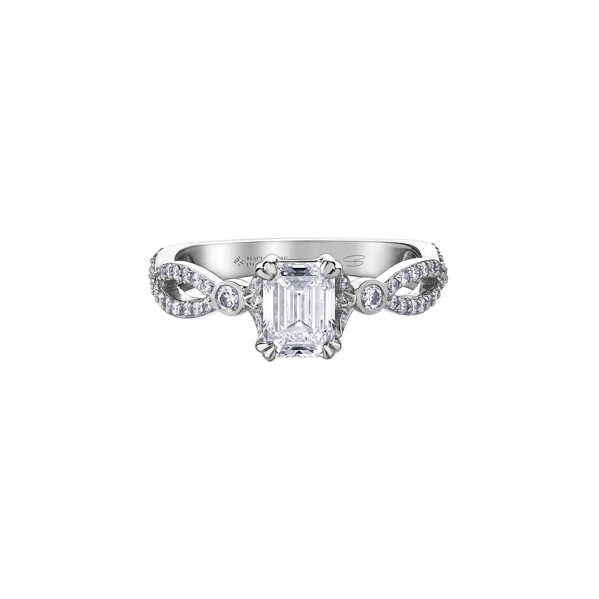 Crafted in 18kt Pure White™, this engagement ring features an emerald-cut Canadian centre diamond on a diamond set infinity symbol-inspired band.