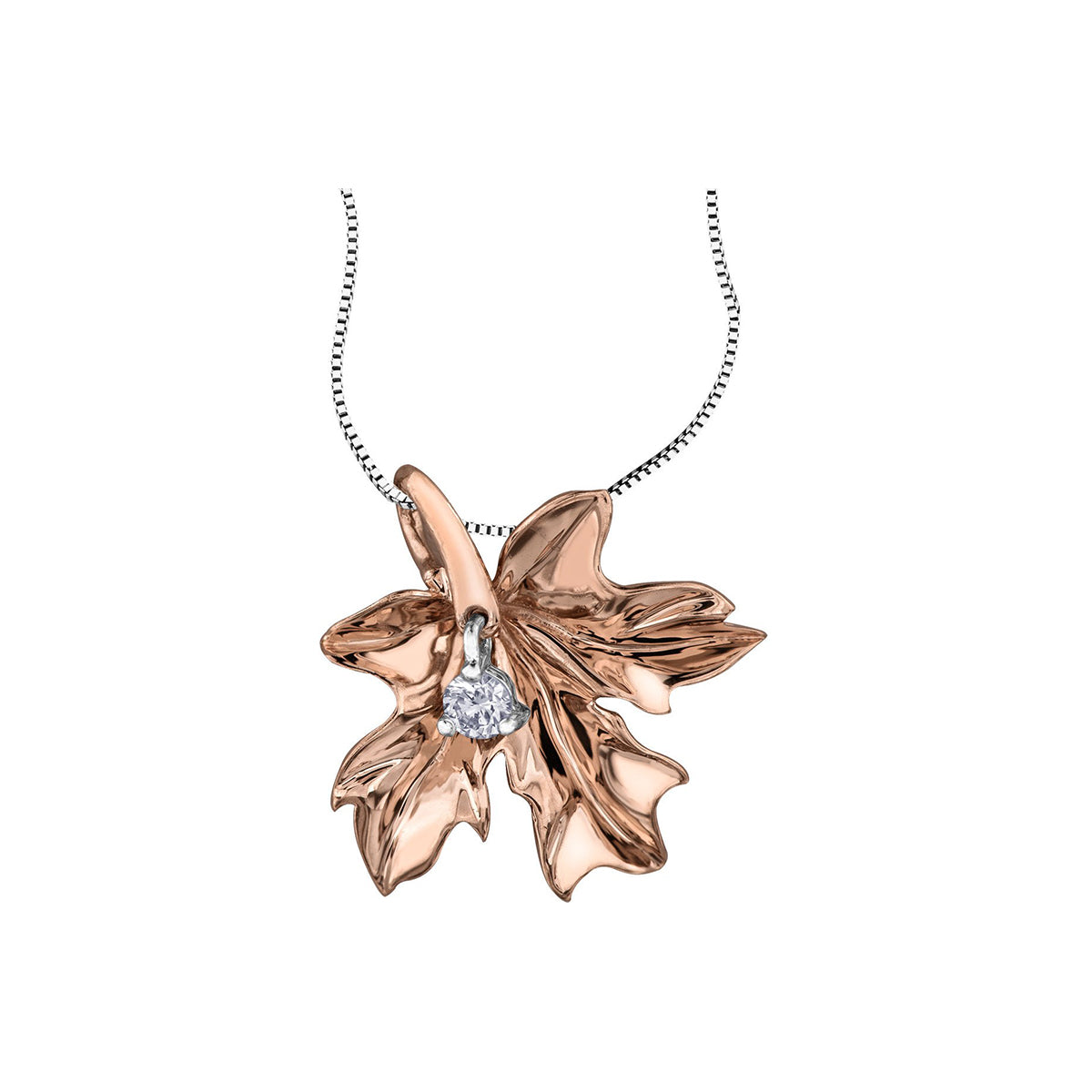 Crafted in 14KT rose Certified Canadian Gold, this maple leaf pendant is set with a round brilliant-cut Canadian diamond.