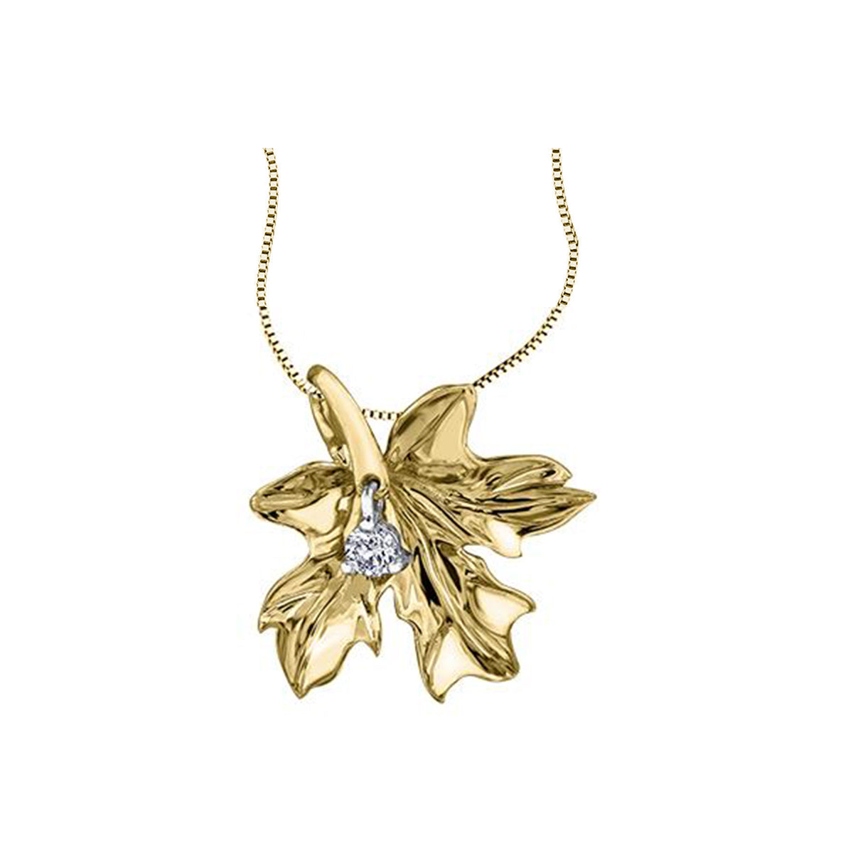 Crafted in 14KT yellow Certified Canadian Gold, this maple leaf pendant is set with a round brilliant-cut Canadian diamond.