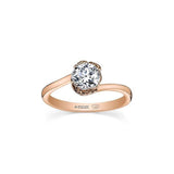 Crafted in 14KT rose Certified Canadian Gold, this ring features two maple leafs cradling a round brilliant-cut Canadian diamond.