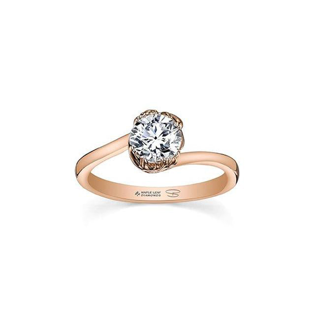Crafted in 14KT rose Certified Canadian Gold, this ring features two maple leafs cradling a round brilliant-cut Canadian diamond.