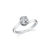 Crafted in 14KT white Certified Canadian Gold, this ring features two maple leafs cradling a round brilliant-cut Canadian diamond.