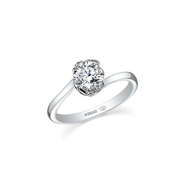 Crafted in 14KT white Certified Canadian Gold, this ring features two maple leafs cradling a round brilliant-cut Canadian diamond.