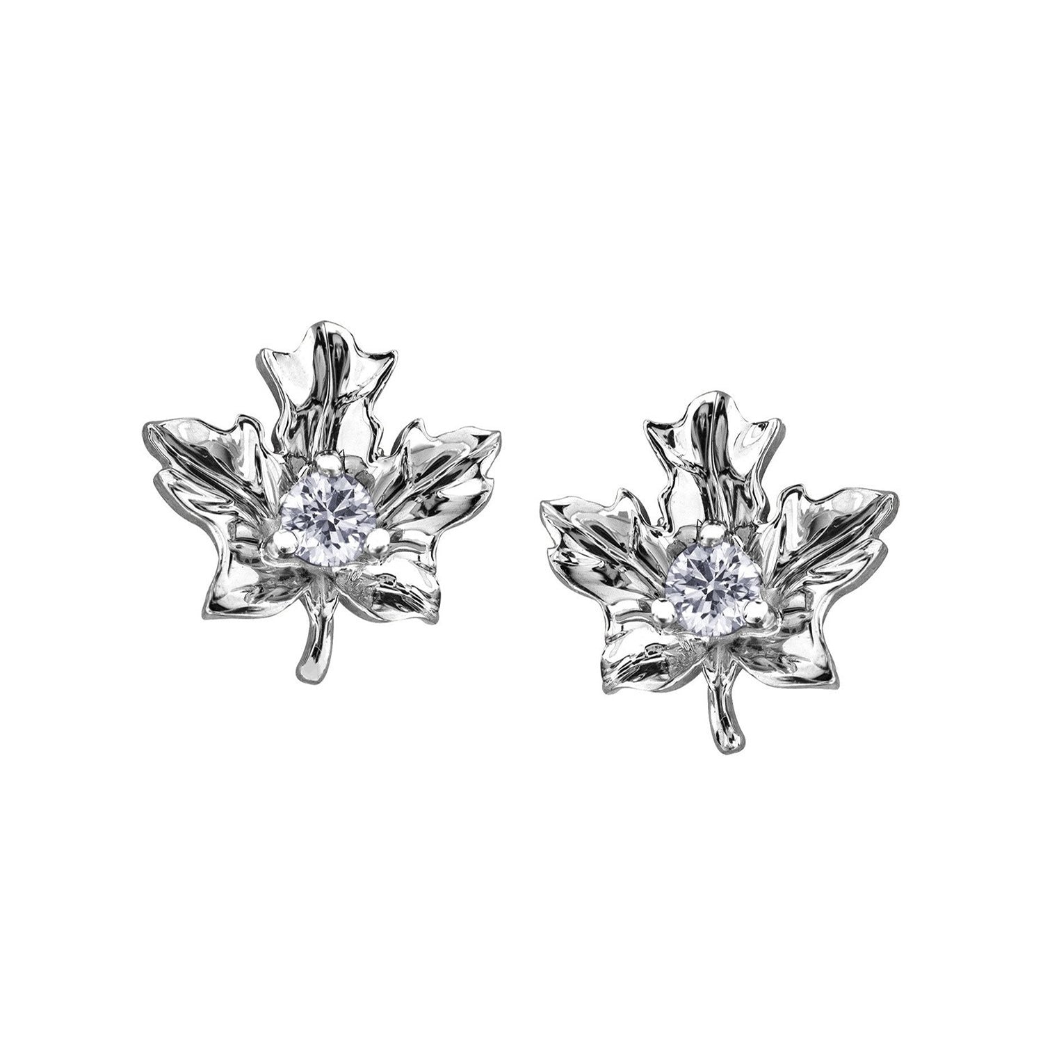 Crafted in 14KT white Certified Canadian Gold, these maple leaf stud earrings are set with round brilliant-cut Canadian diamonds.
