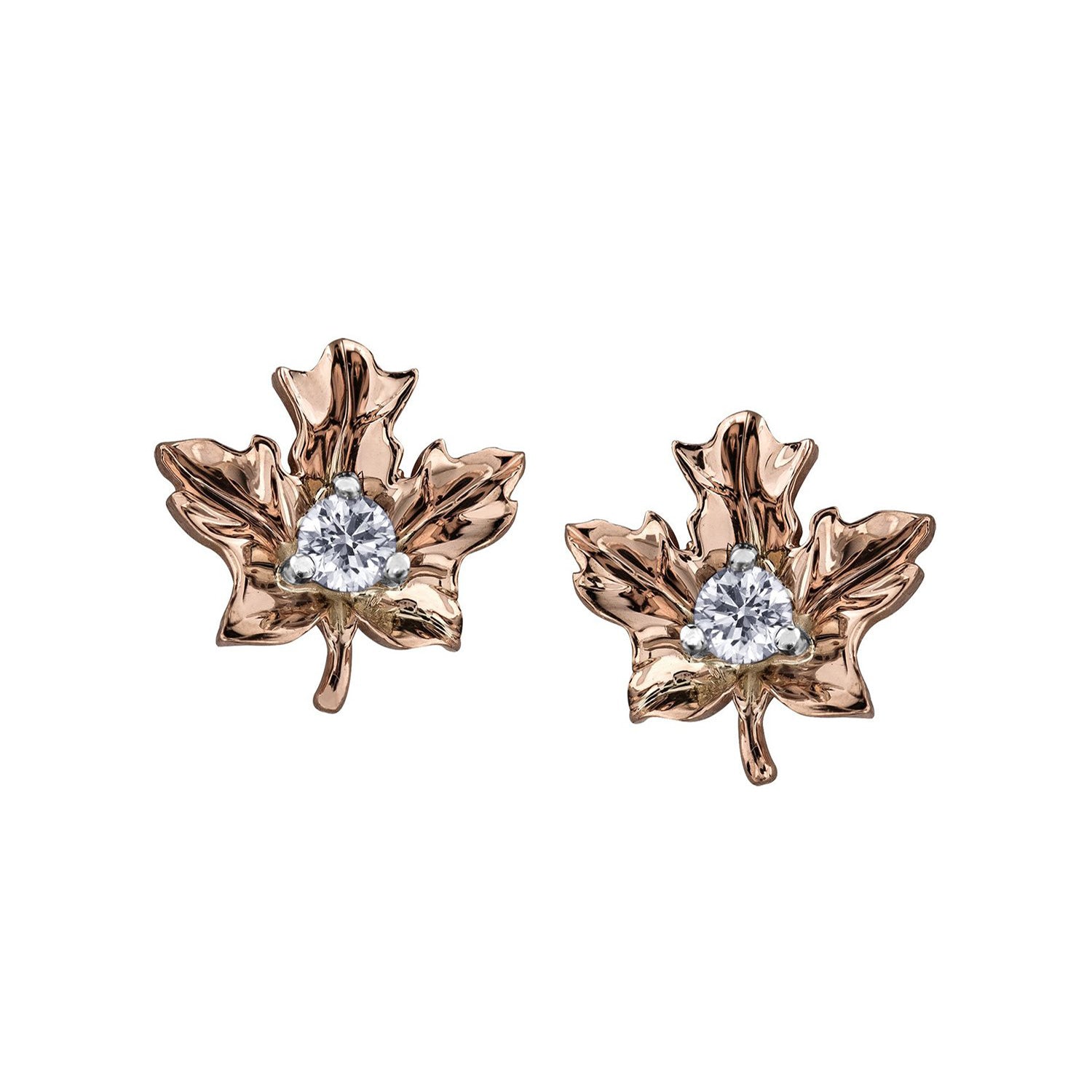 Crafted in 14KT rose Certified Canadian Gold, these maple leaf stud earrings are set with round brilliant-cut Canadian diamonds.