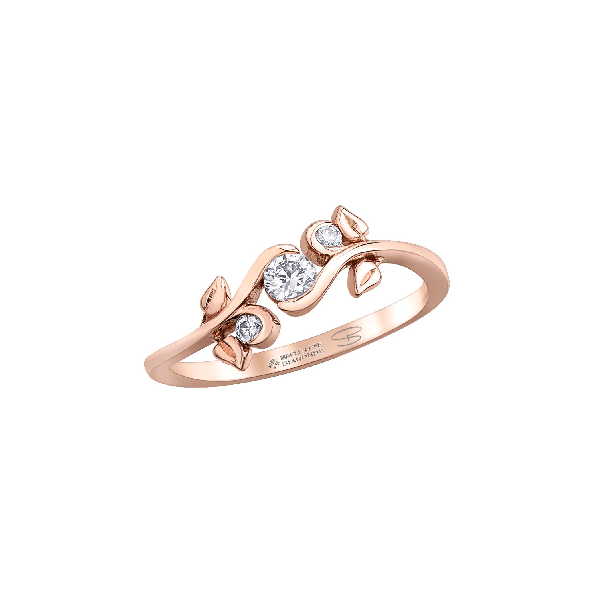 Crafted in 14KT rose Canadian Certified Gold, this ring features a vine set with three round brilliant-cut Canadian diamonds.