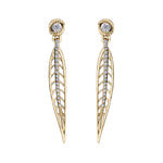 Crafted in 14KT yellow Canadian Certified Gold, these earrings each feature a willow tree leaf dangling from a stud set with a round brilliant-cut Canadian diamond.