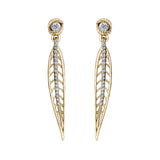 Crafted in 14KT yellow Canadian Certified Gold, these earrings each feature a willow tree leaf dangling from a stud set with a round brilliant-cut Canadian diamond.