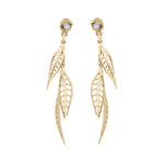 willow dangle earrings Crafted in 14KT yellow Canadian Certified Gold, these earrings feature three willow tree leaves dangling from studs each set with a round brilliant-cut Canadian Diamond