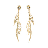 willow dangle earrings Crafted in 14KT yellow Canadian Certified Gold, these earrings feature three willow tree leaves dangling from studs each set with a round brilliant-cut Canadian Diamond