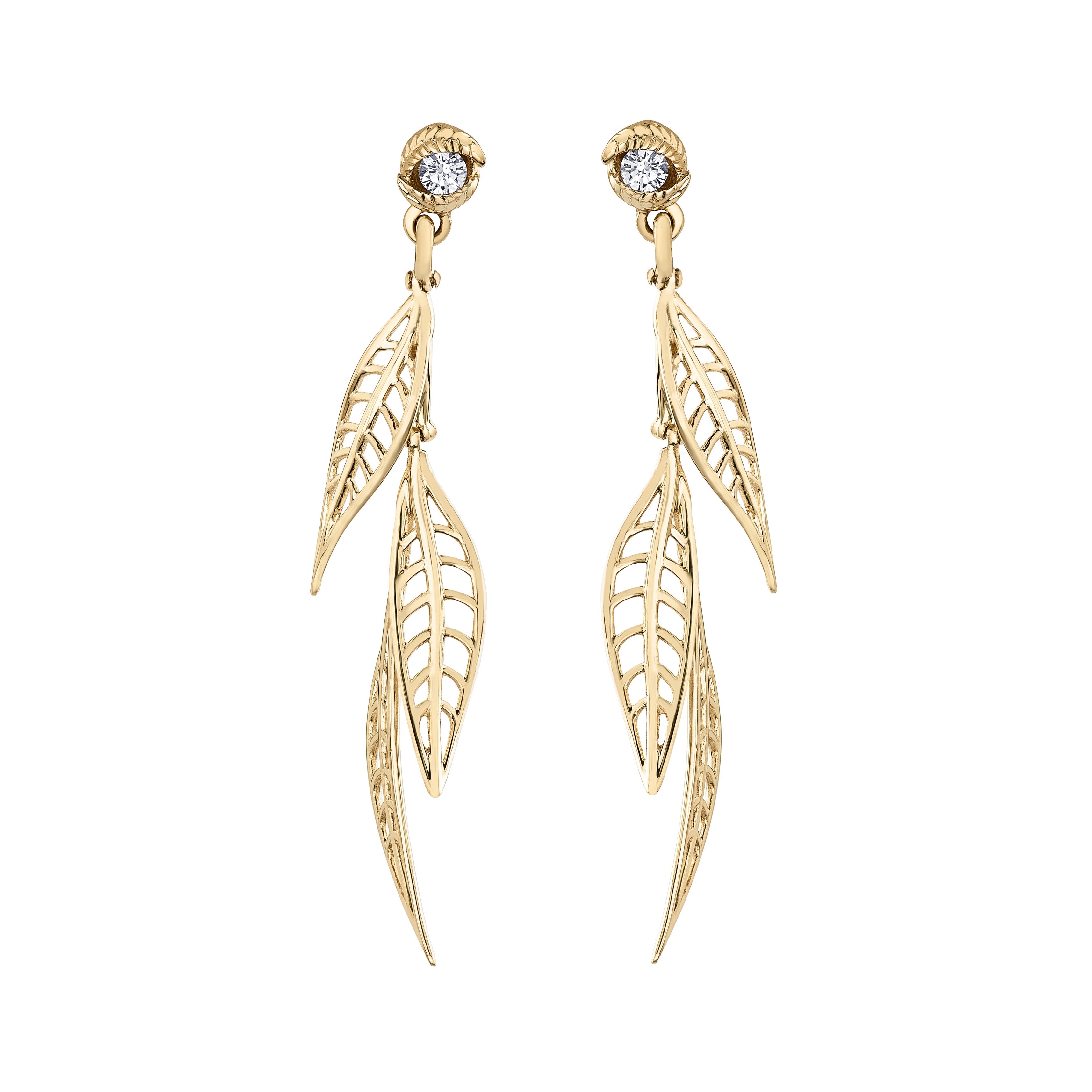 willow dangle earrings Crafted in 14KT yellow Canadian Certified Gold, these earrings feature three willow tree leaves dangling from studs each set with a round brilliant-cut Canadian Diamond