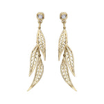 Willow dangle earrings Crafted in 14KT yellow Canadian Certified Gold, these earrings feature three willow tree leaves dangling from studs each set with a round brilliant-cut Canadian Diamond.