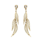 Willow dangle earrings Crafted in 14KT yellow Canadian Certified Gold, these earrings feature three willow tree leaves dangling from studs each set with a round brilliant-cut Canadian Diamond.