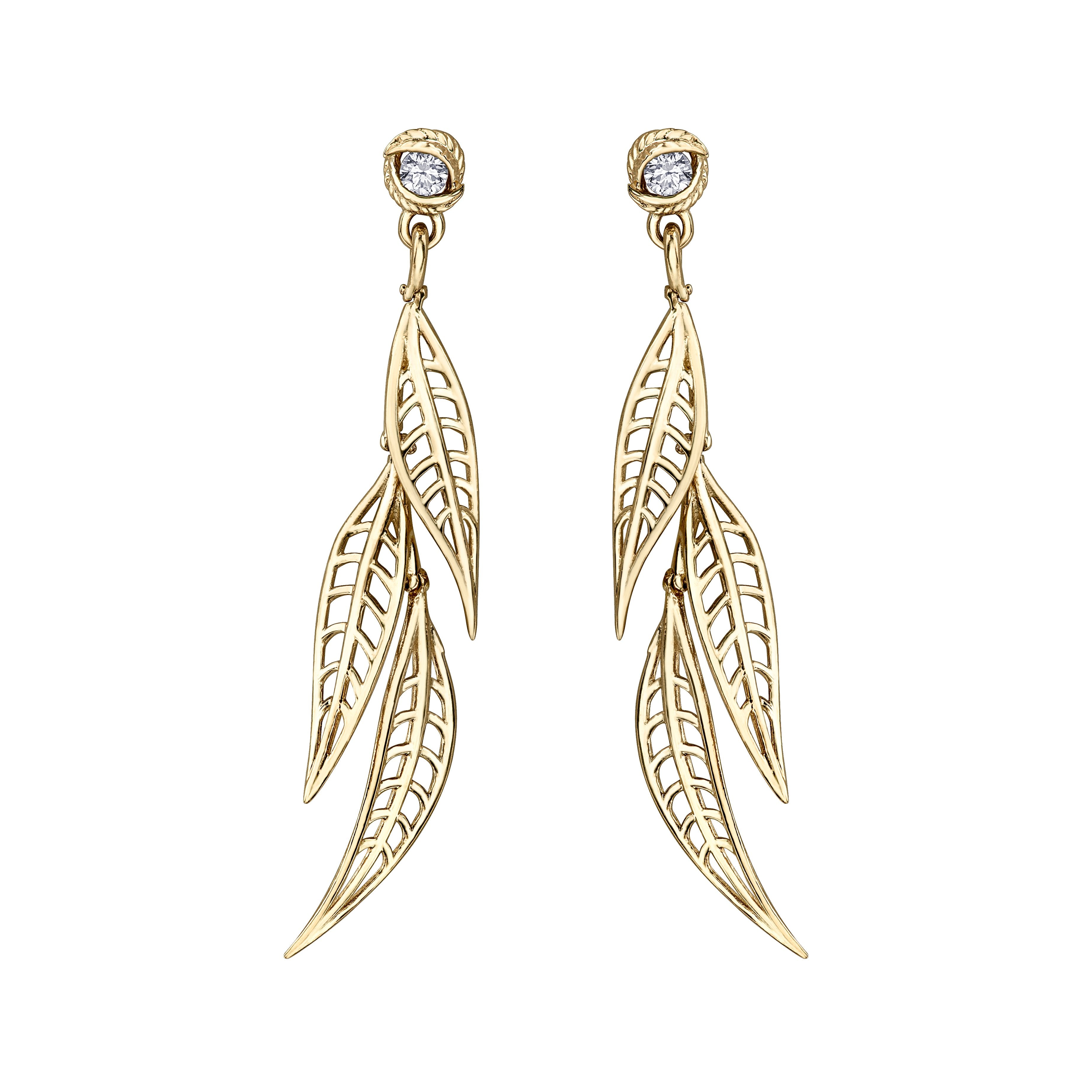 Willow dangle earrings Crafted in 14KT yellow Canadian Certified Gold, these earrings feature three willow tree leaves dangling from studs each set with a round brilliant-cut Canadian Diamond.