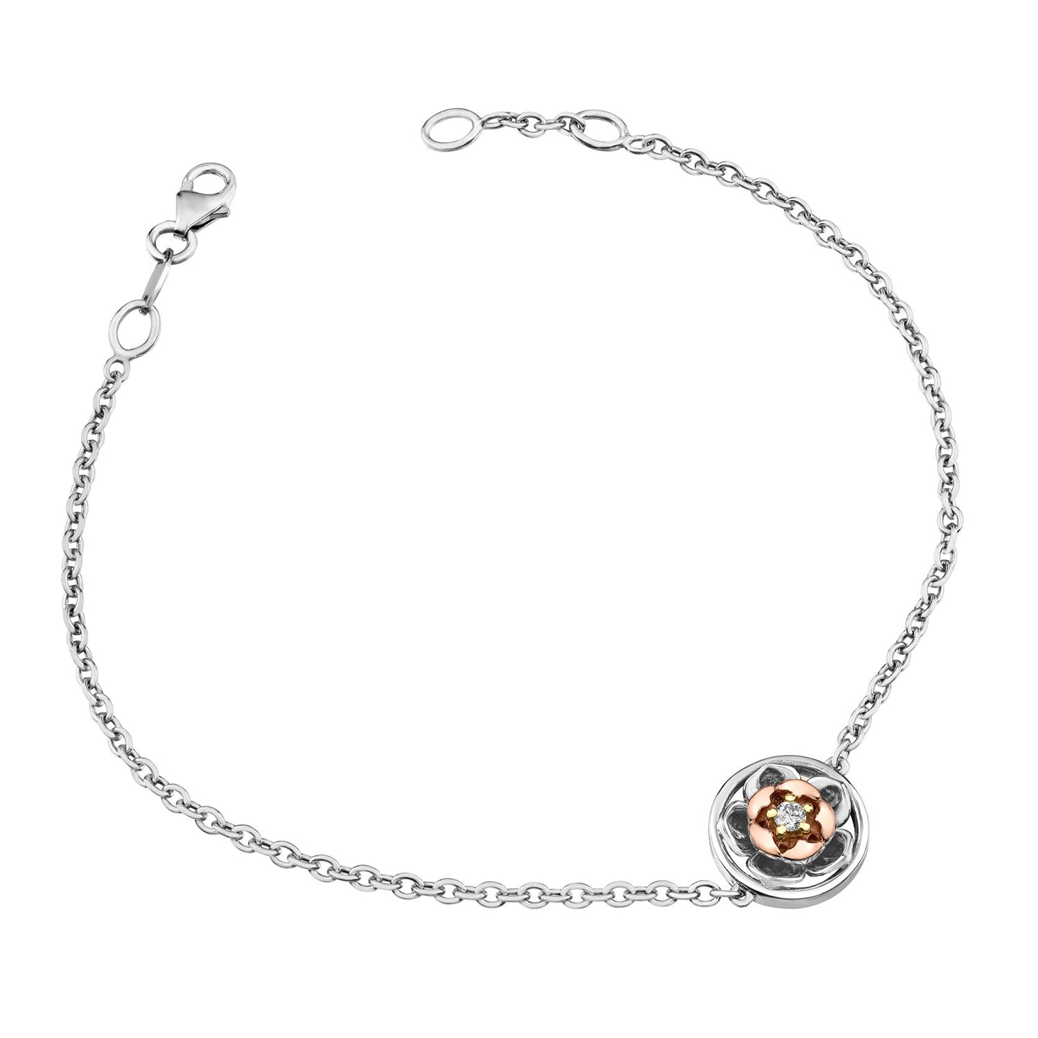 Crafted in 14KT rose and white Certified Canadian Gold, this bracelet features a Newfoundland & Labrador pitcher plant flower set with a round brilliant-cut Canadian diamond