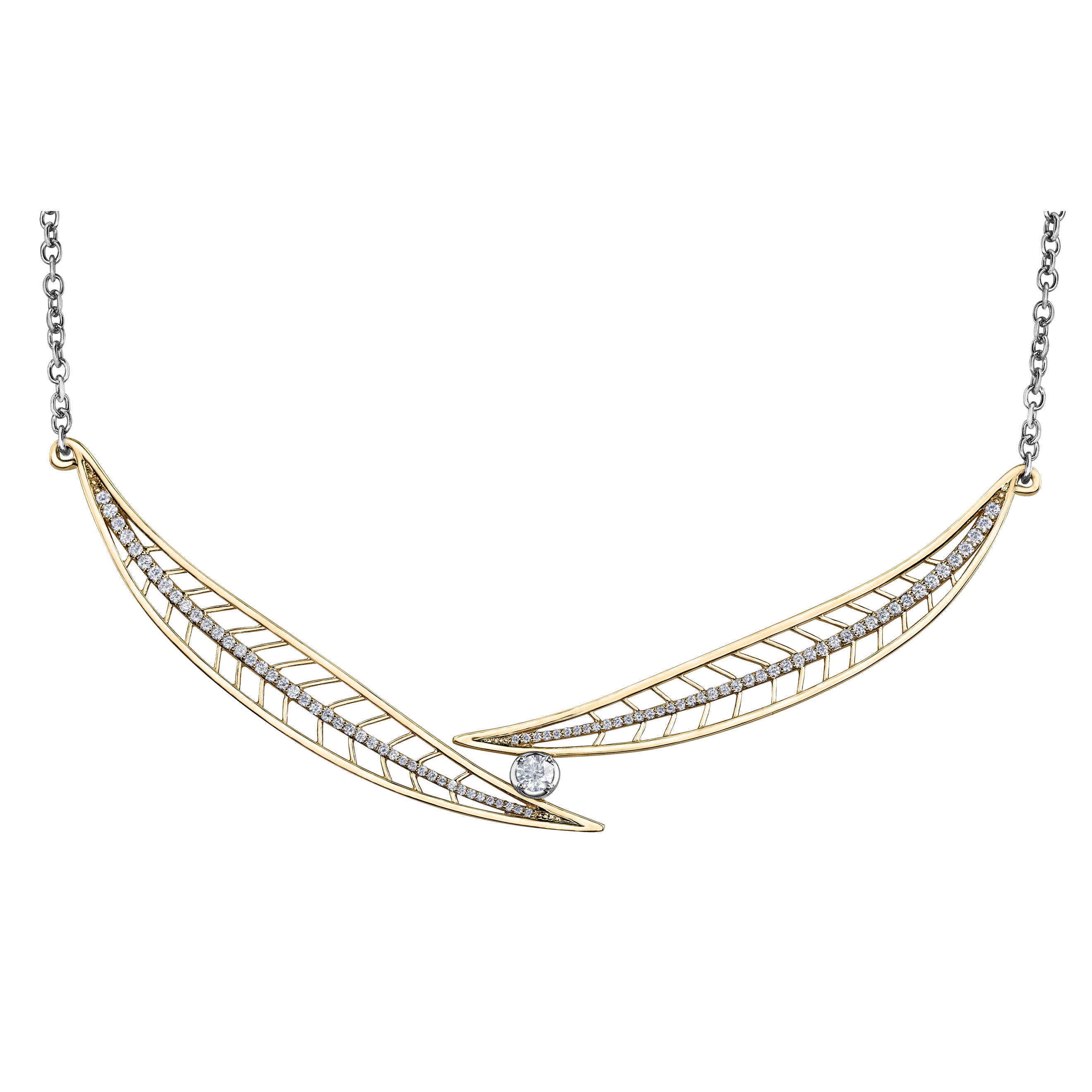 Crafted in 14KT yellow Canadian Certified Gold, this necklace features a round brilliant-cut Canadian diamond between two large diamond-set willow tree leaves.