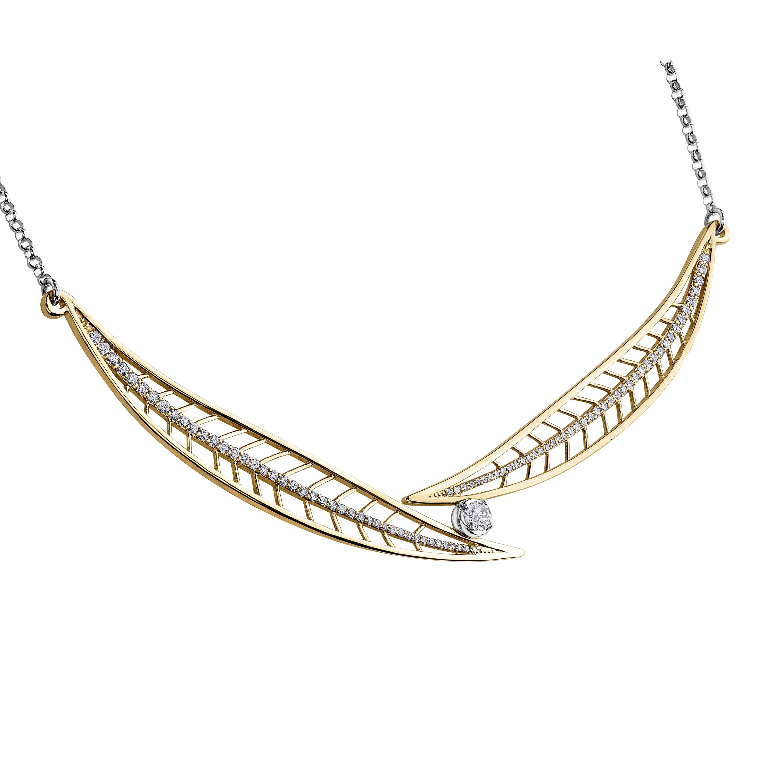 Crafted in 14KT yellow Canadian Certified Gold, this necklace features a round brilliant-cut Canadian diamond between two large diamond-set willow tree leaves.