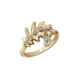 Crafted in 14KT yellow Canadian Certified Gold, this ring features a large oak leaf set with a row of diamonds and an acorn charm set with a round brilliant-cut Canadian diamond.