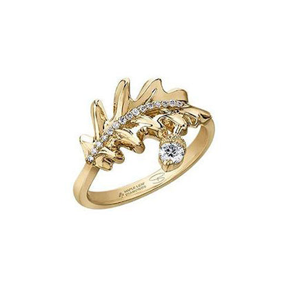 Crafted in 14KT yellow Canadian Certified Gold, this ring features a large oak leaf set with a row of diamonds and an acorn charm set with a round brilliant-cut Canadian diamond.