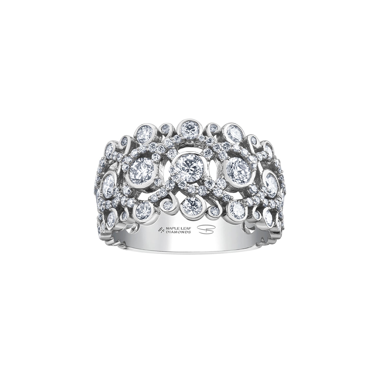 Crafted in 14KT white Certified Canadian Gold, this ring features a swirling design set with round brilliant-cut Canadian diamonds.