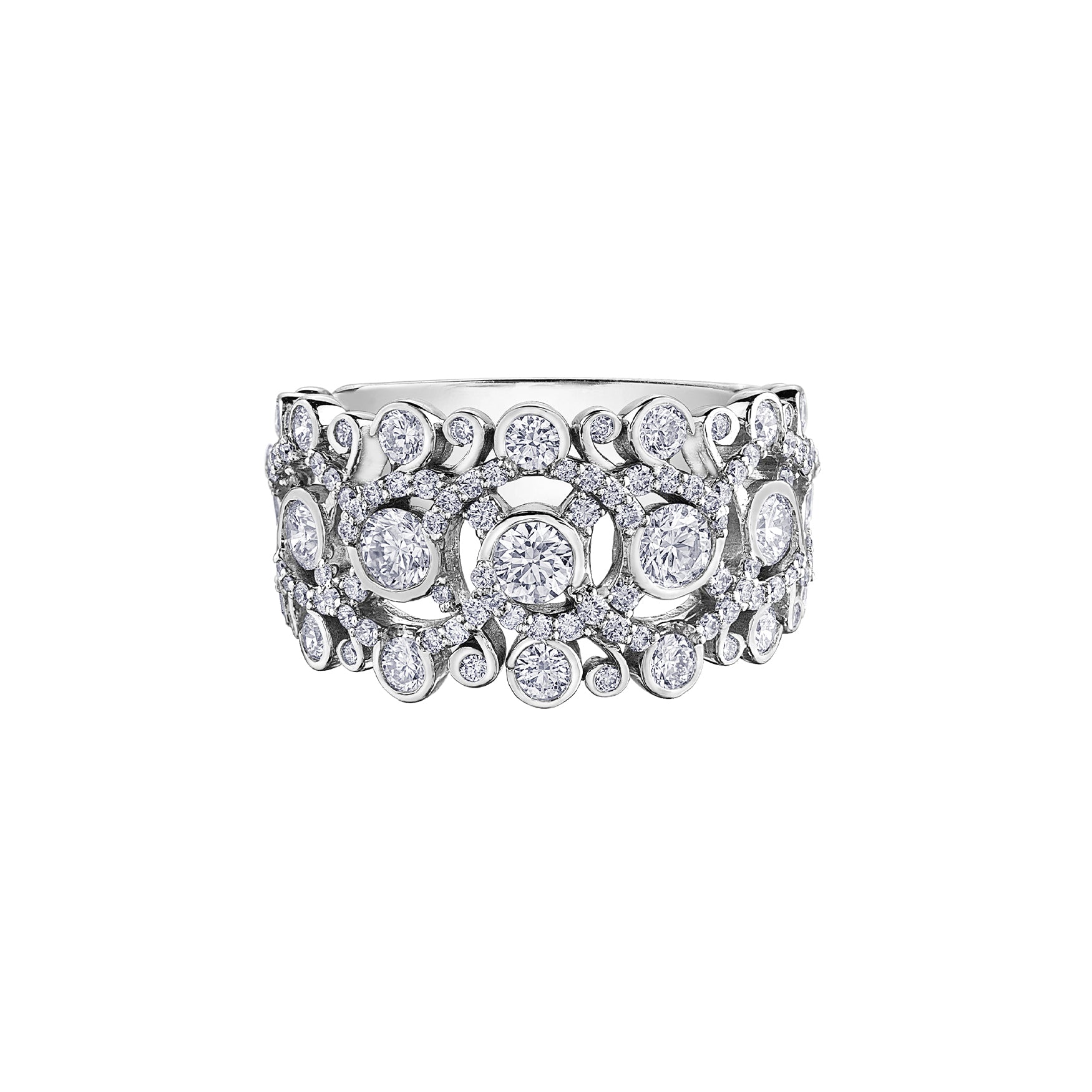 Crafted in 14KT white Certified Canadian Gold, this ring features a swirling design set with round brilliant-cut Canadian diamonds.