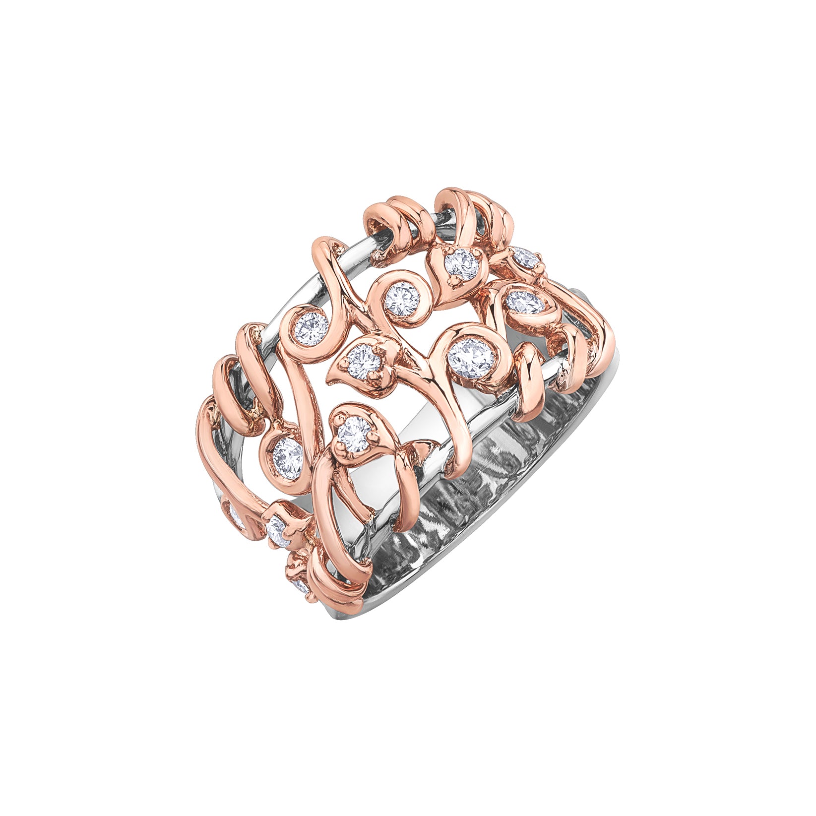 This ring features round brilliant-cut Canadian diamond set vines crafted from 14KT rose Canadian Certified Gold wrapped around two thin 14KT white Canadian Certified Gold bands.