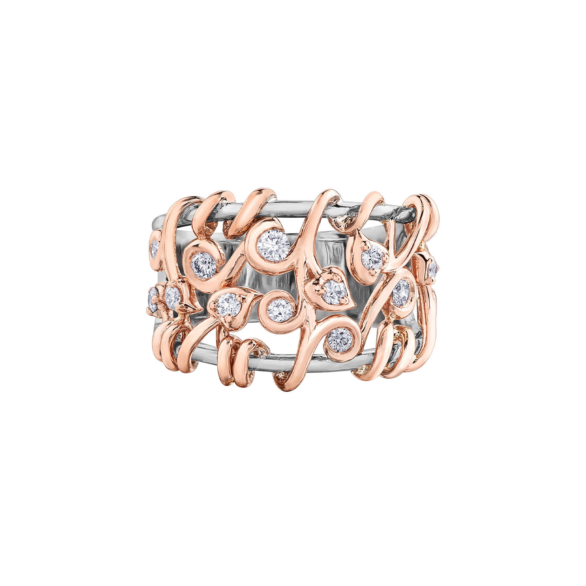 This ring features round brilliant-cut Canadian diamond set vines crafted from 14KT rose Canadian Certified Gold wrapped around two thin 14KT white Canadian Certified Gold bands.