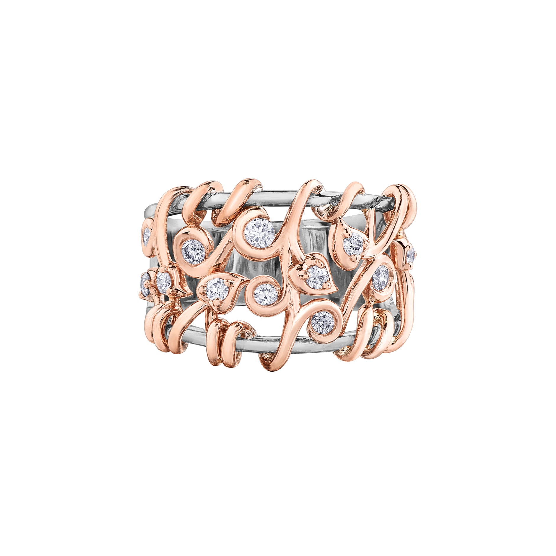 This ring features round brilliant-cut Canadian diamond set vines crafted from 14KT rose Canadian Certified Gold wrapped around two thin 14KT white Canadian Certified Gold bands. 