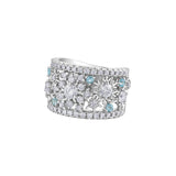 Crafted in 14Kt white Certified Canadian Gold, this ring features snowflakes set with round brilliant-cut Canadian diamonds and round-cut aquamarine accents.