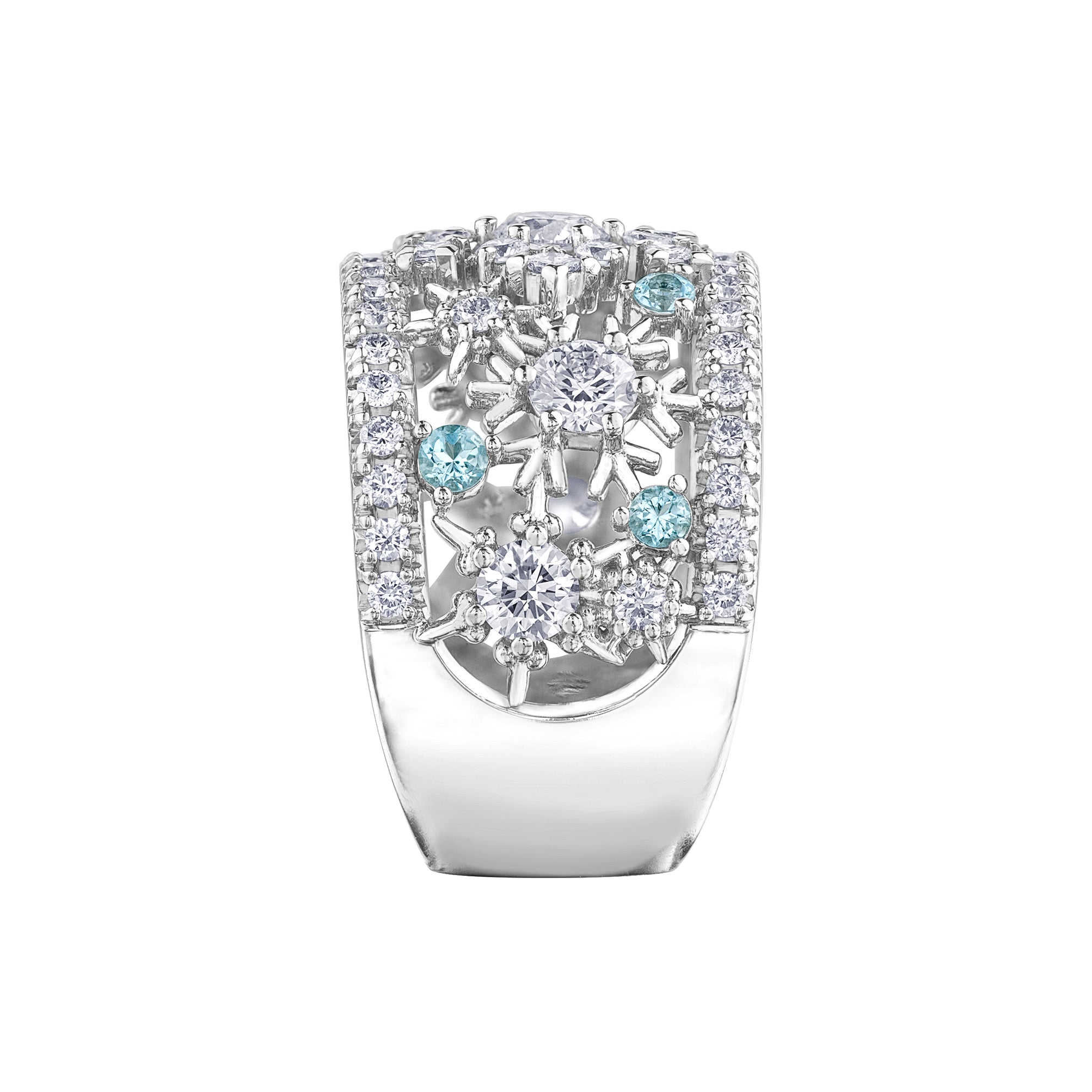 Crafted in 14Kt white Certified Canadian Gold, this ring features snowflakes set with round brilliant-cut Canadian diamonds and round-cut aquamarine accents.