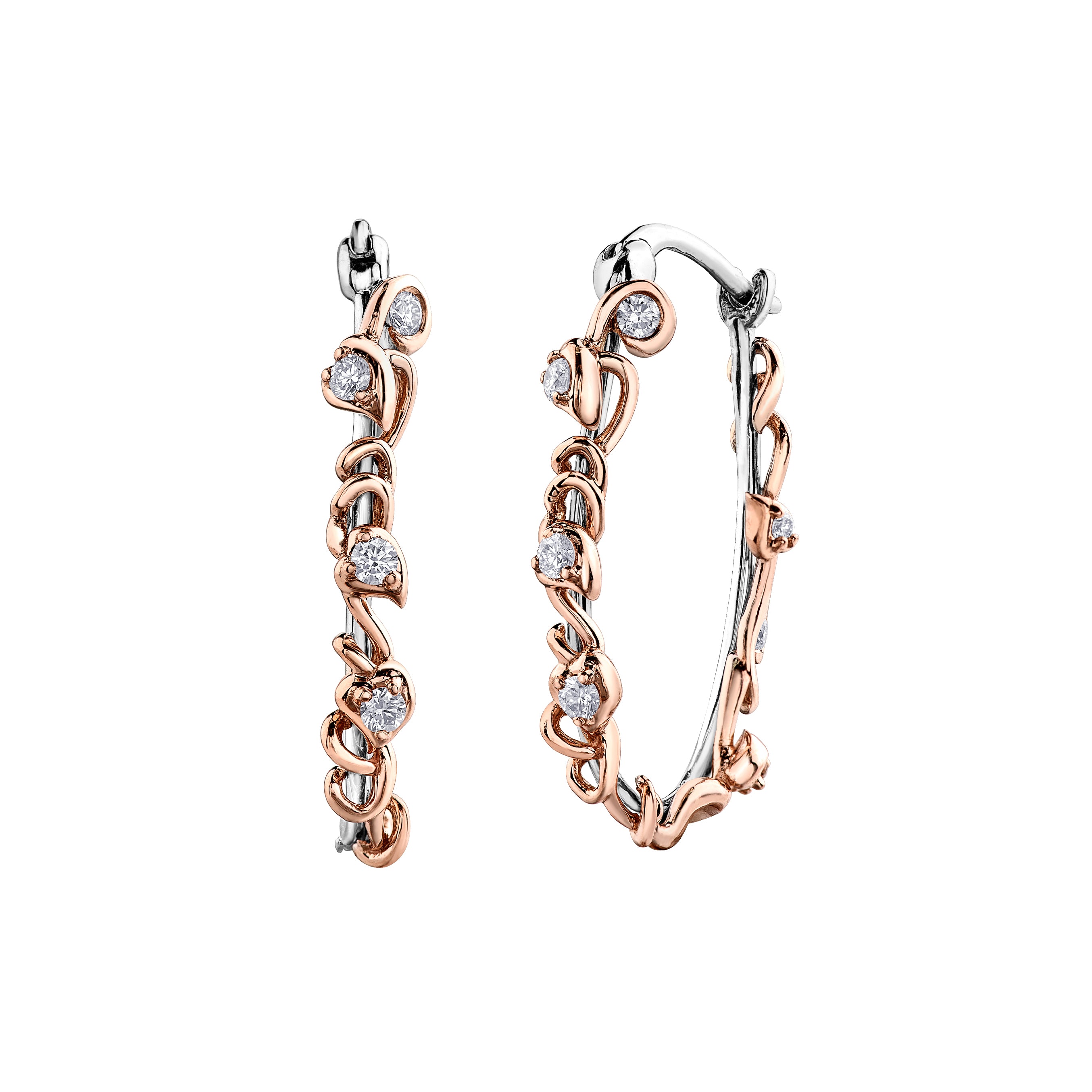 Crafted in 14KT white Certified Canadian Gold, these hoops earrings are wrapped with 14KT rose Certified Canadian Gold ivy vines set with round brilliant-cut Canadian diamonds