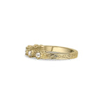 Crafted in 14KT yellow gold, this ring features five rose-cut diamonds in cupcake settings on a vintage-inspired hand engraved band.