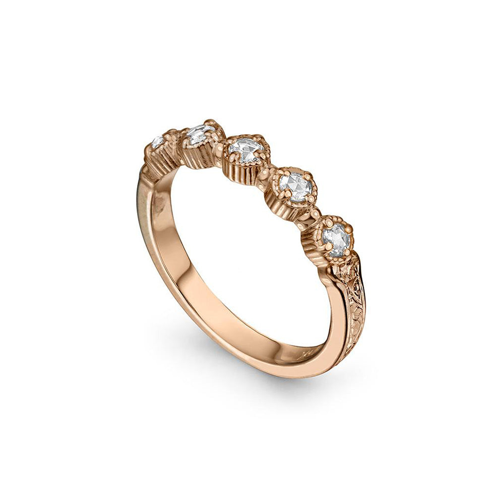 Crafted in 14KT rose gold, this ring features five rose-cut diamonds in cupcake settings on a vintage-inspired hand engraved band.