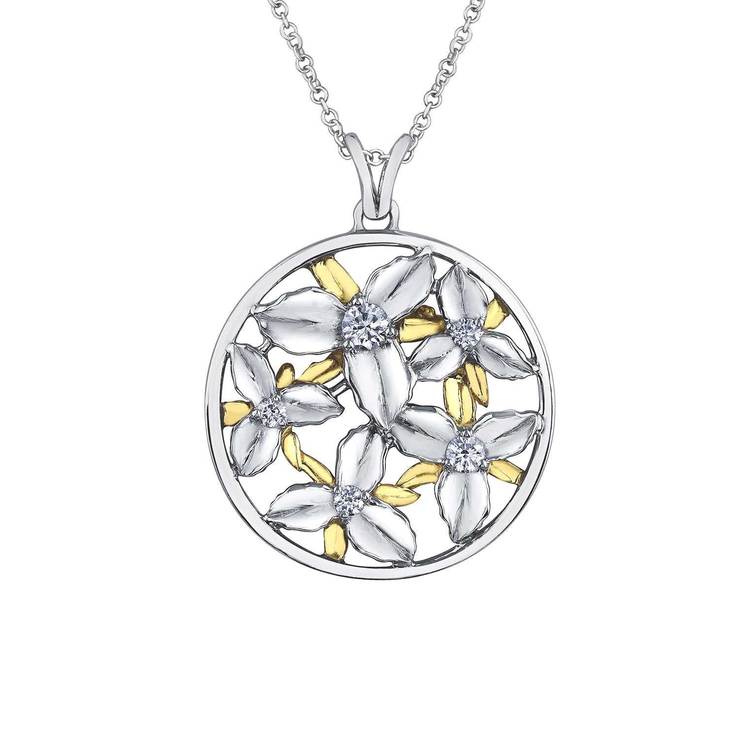 Crafted in 14KT white and yellow Certified Canadian Gold, this pendant features Ontario trillium flowers set with round brilliant-cut Canadian diamonds