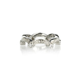 Crafted in 14KT white gold, this ring has a scallop design with orange blossom hand-engravings and six round brilliant-cut diamonds.