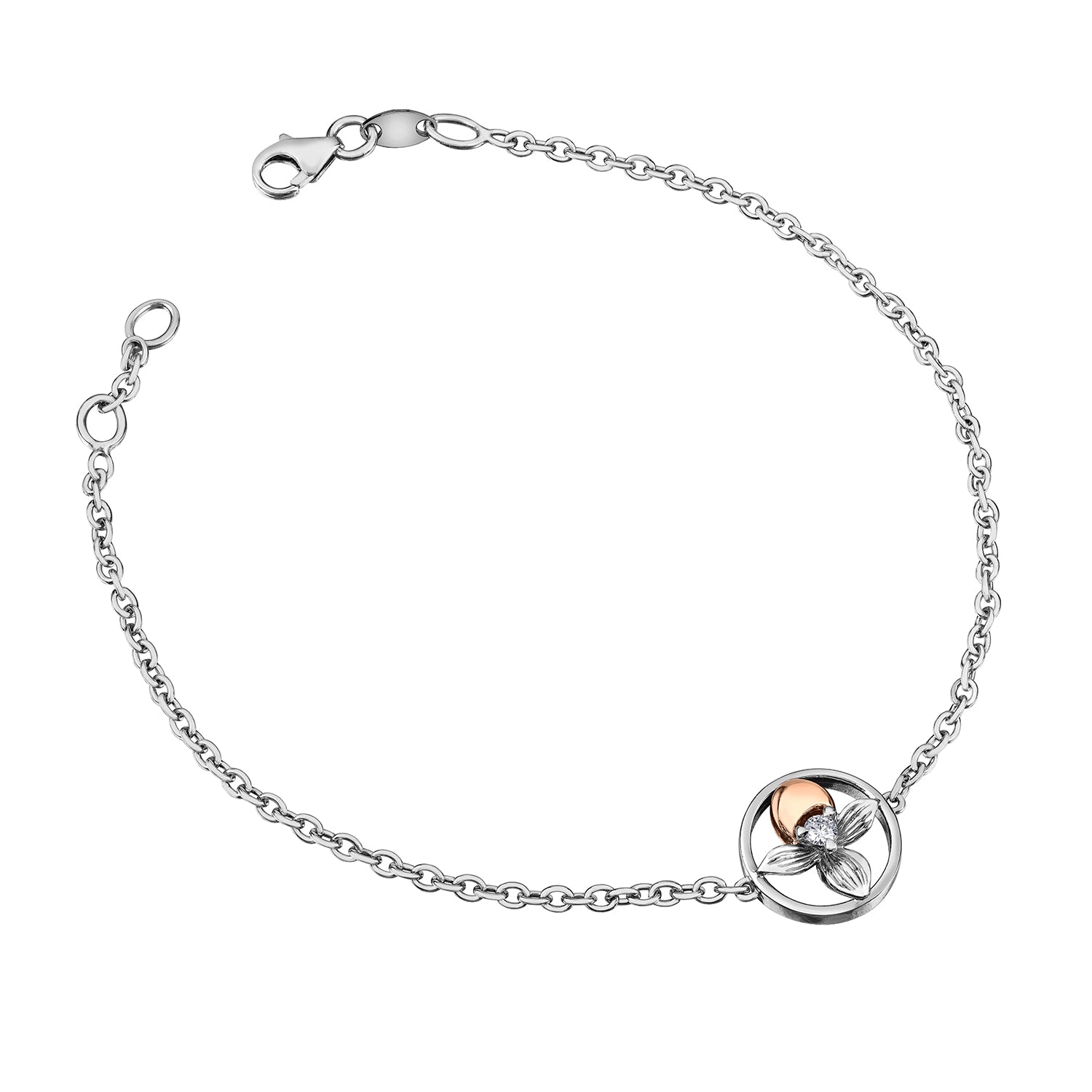 Crafted in 14KT rose and white Certified Canadian Gold, this bracelet features a Prince Edward Island lady's slipper flower set with a round brilliant-cut Canadian diamond