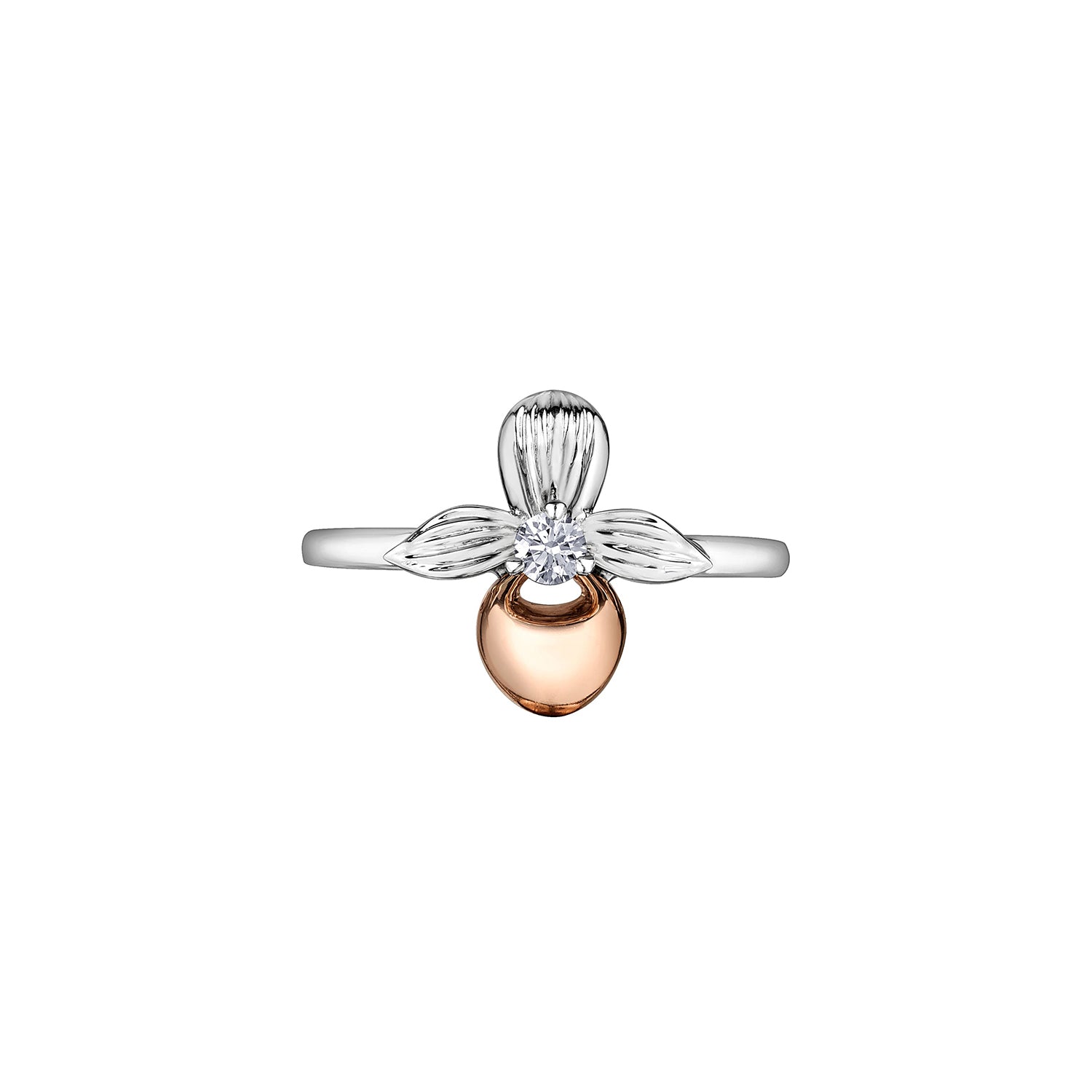 Crafted in 14KT rose and white Certified Canadian Gold, this ring features a Prince Edward Island lady's slipper flower set with a round brilliant-cut Canadian diamond