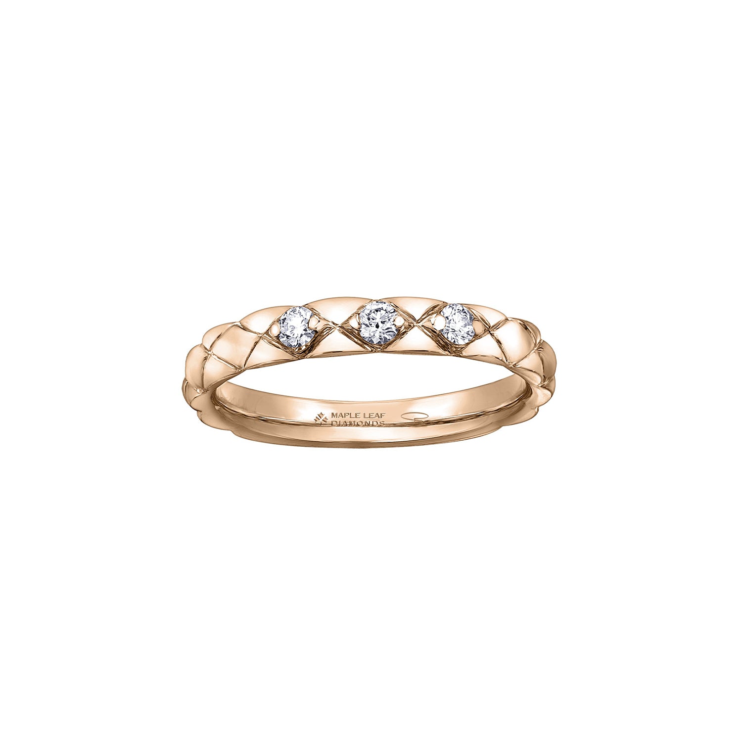 Crafted in 14KT rose Certified Canadian Gold, this quilted band is set with three round brilliant-cut Canadian diamonds.