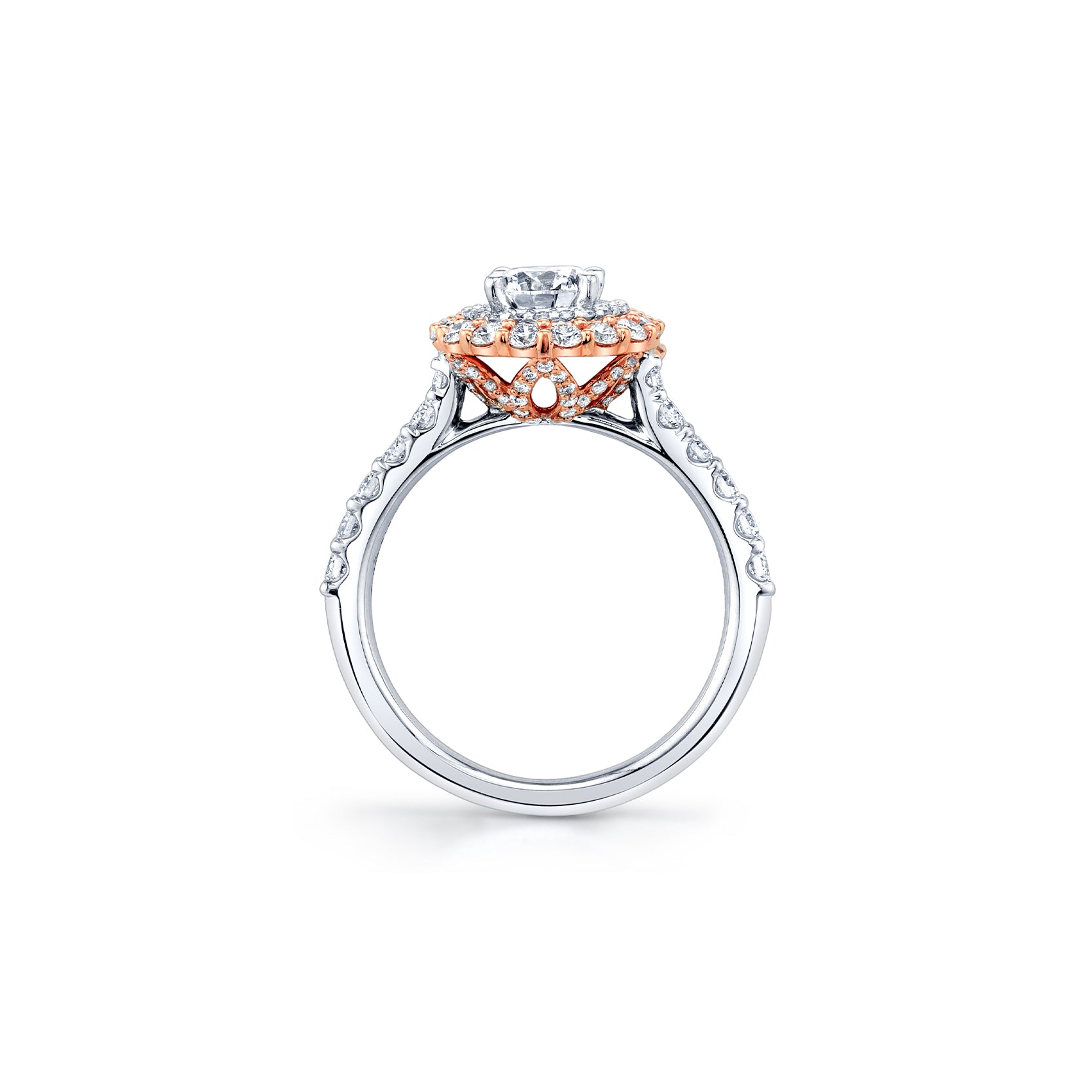 Crafted in 18kt rose Canadian Certified Gold and 18kt Pure White™, this engagement ring features a double halo with a round brilliant-cut Canadian centre diamond on a diamond set band.