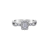 Crafted in 18kt Pure White™, this engagement ring features a diamond set emerald-shaped halo with an emerald-cut Canadian centre diamond. All on a diamond set infinity symbol-inspired band.