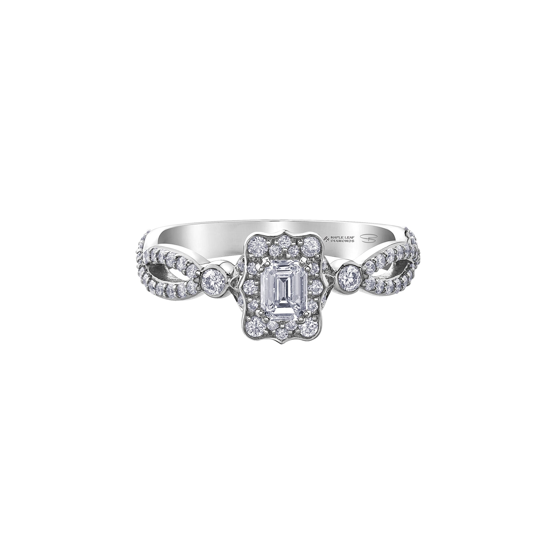 Crafted in 18kt Pure White™, this engagement ring features a diamond set emerald-shaped halo with an emerald-cut Canadian centre diamond. All on a diamond set infinity symbol-inspired band.