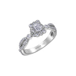Crafted in 18kt Pure White™, this engagement ring features a diamond set emerald-shaped halo with an emerald-cut Canadian centre diamond. All on a diamond set infinity symbol-inspired band.