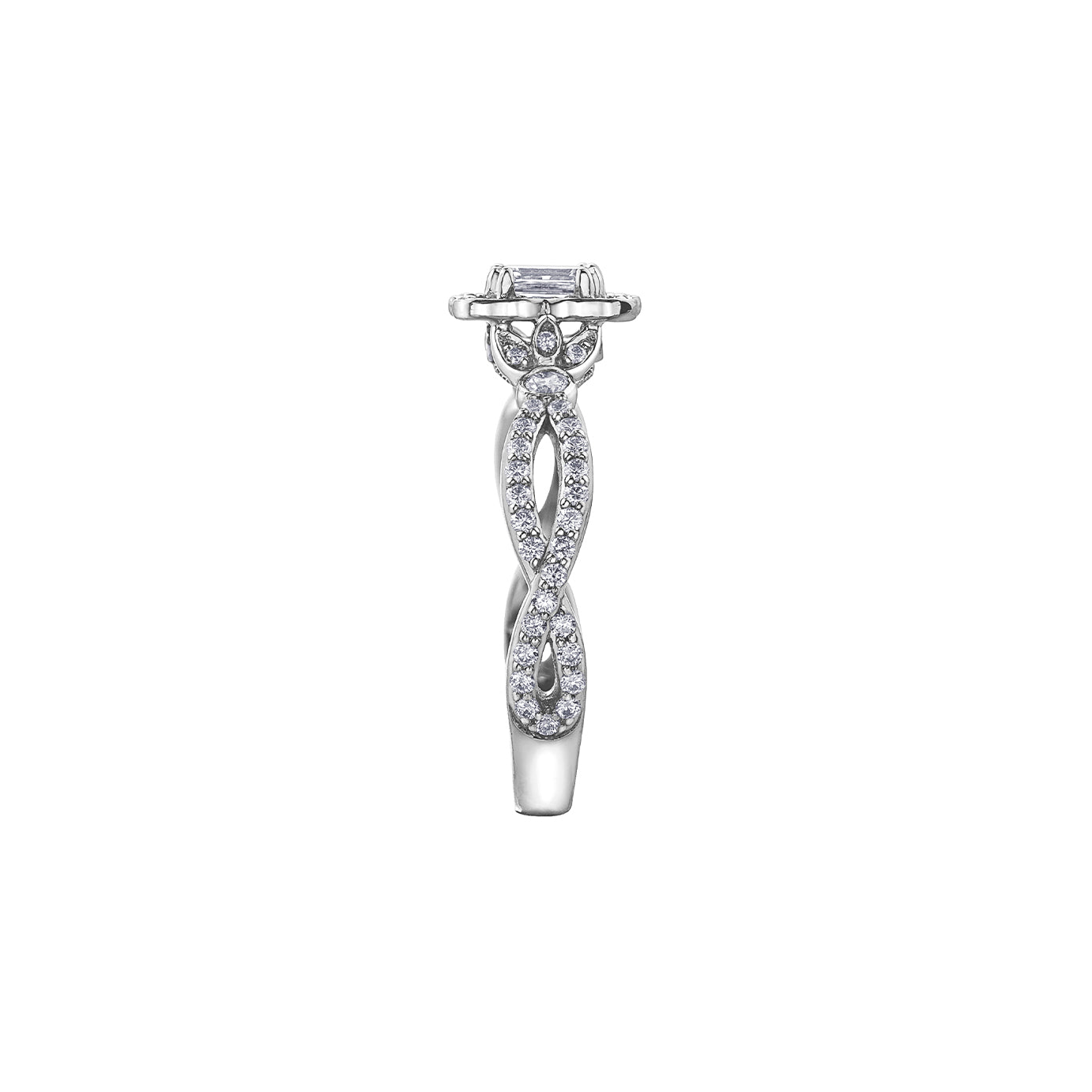 Crafted in 18kt Pure White™, this engagement ring features a diamond set emerald-shaped halo with an emerald-cut Canadian centre diamond. All on a diamond set infinity symbol-inspired band.